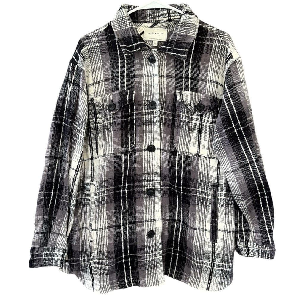 Lucky Brand Black White Plaid Flannel Shirt Jacket Shacket Womens S Oversized‎